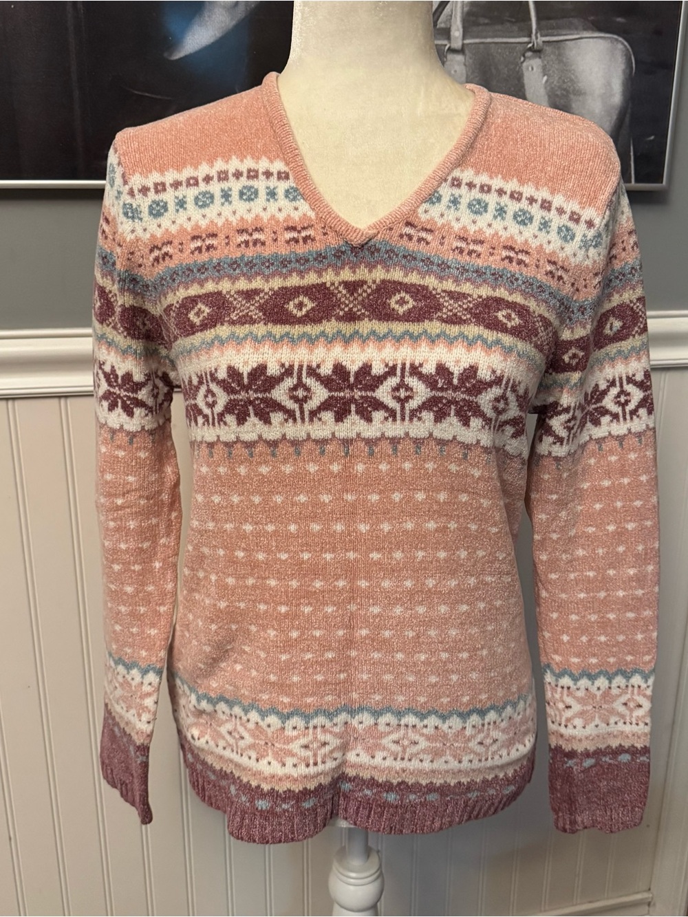 KIKIT Maurice Sasson Vintage Pink Fair Isle V-Neck Sweater Geometric Size Medium